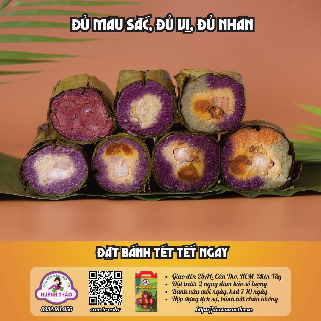 Hộp quà bánh tét lá cẩm Huỳnh Thảo 2 đòn - sang trọng để biếu Tết