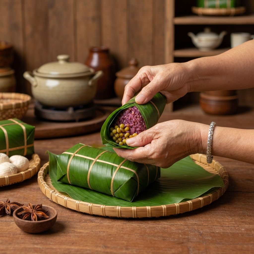 Quy trình gói bánh tét lá cẩm thủ công tại lò Huỳnh Thảo